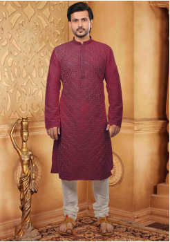 Maroon with White Color Silk Kurta Set